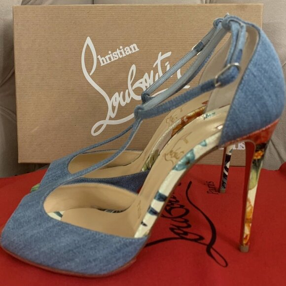 Christian Louboutin Women Senora 4" Denim Hawaii Peep Toe Pumps Sz 36.5 Blue NIB - Picture 3 of 15